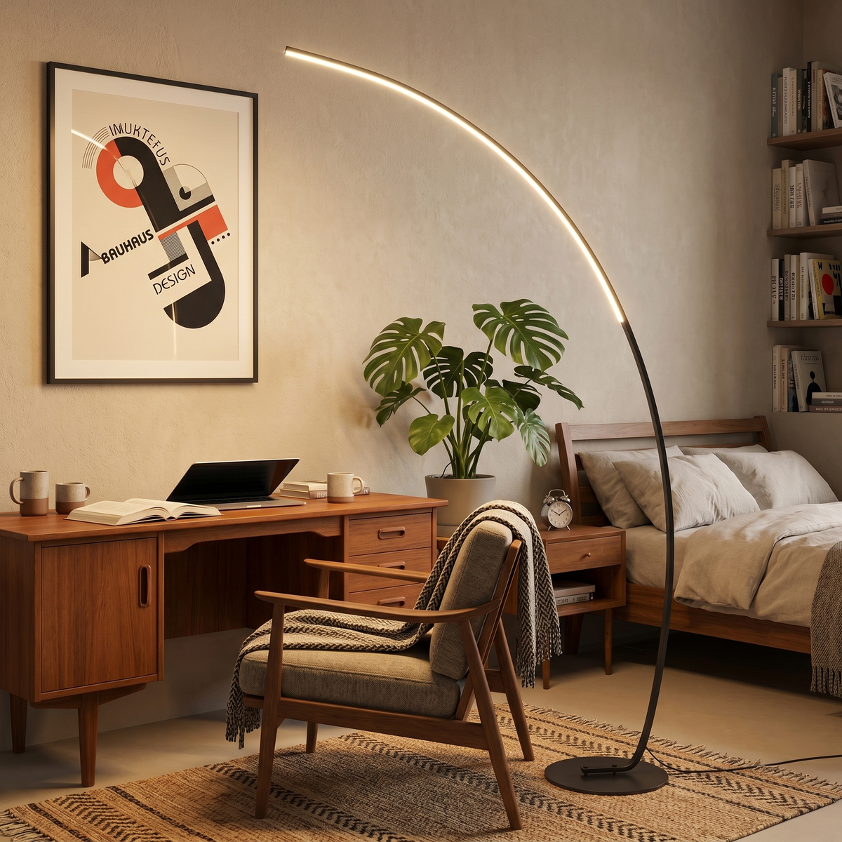Lampadar modern cu LED — arc zvelt deasupra mesei