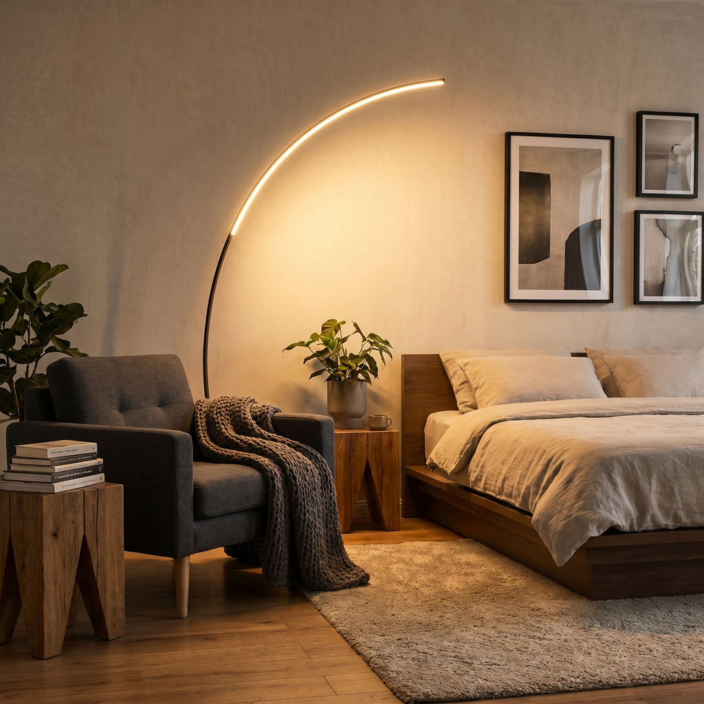 Lampadar modern cu LED — arc zvelt deasupra mesei