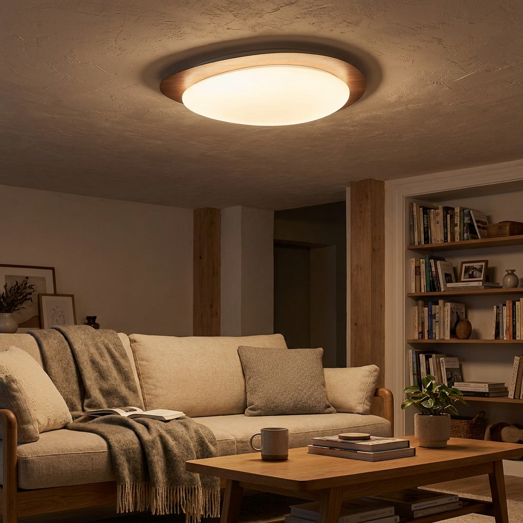 Plafoniera LED Riverstone — profilo ribassato da 8 cm, finitura effetto venatura del noce