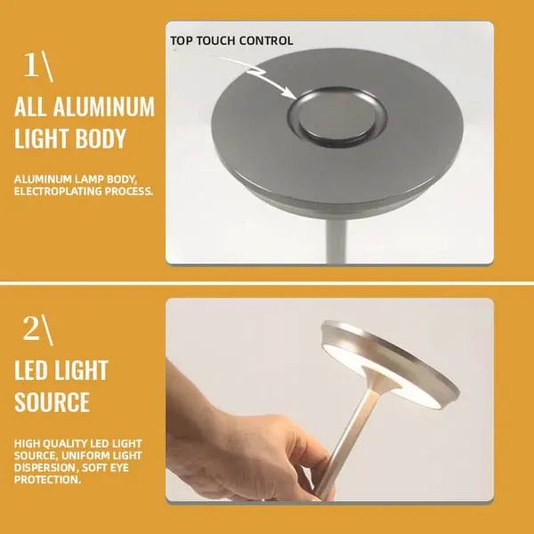 Dobíjecí kovová LED stolní lampa IP66 — dotykové ovládání, 4 úrovně