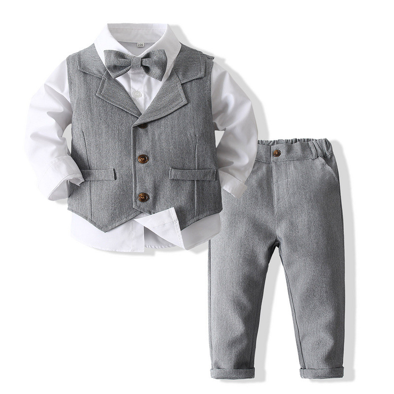Boys 3-Piece Soft Cotton Suit Set — Shirt, Vest, Pants & Bow Tie