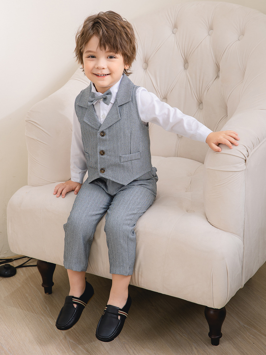 Boys 3-Piece Soft Cotton Suit Set — Shirt, Vest, Pants & Bow Tie