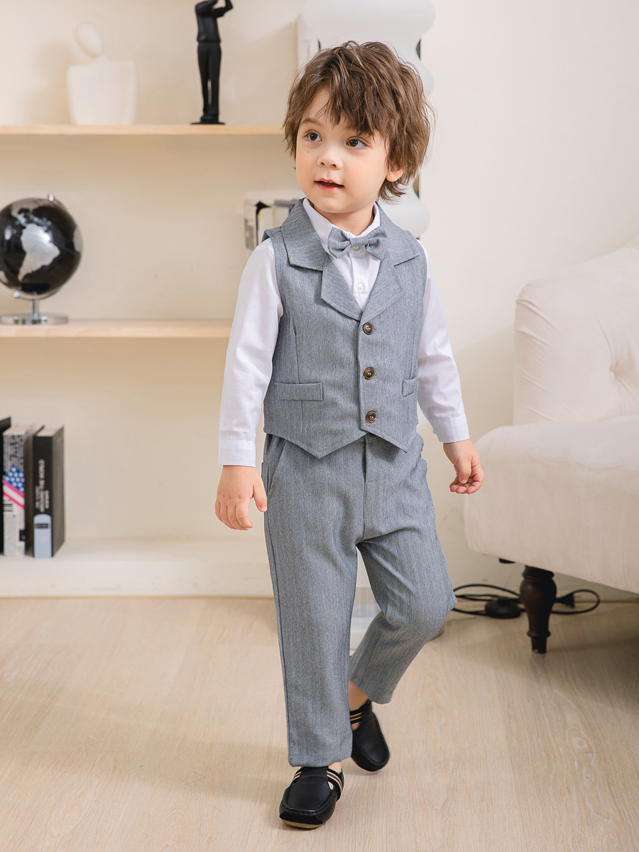 Boys 3-Piece Soft Cotton Suit Set — Shirt, Vest, Pants & Bow Tie