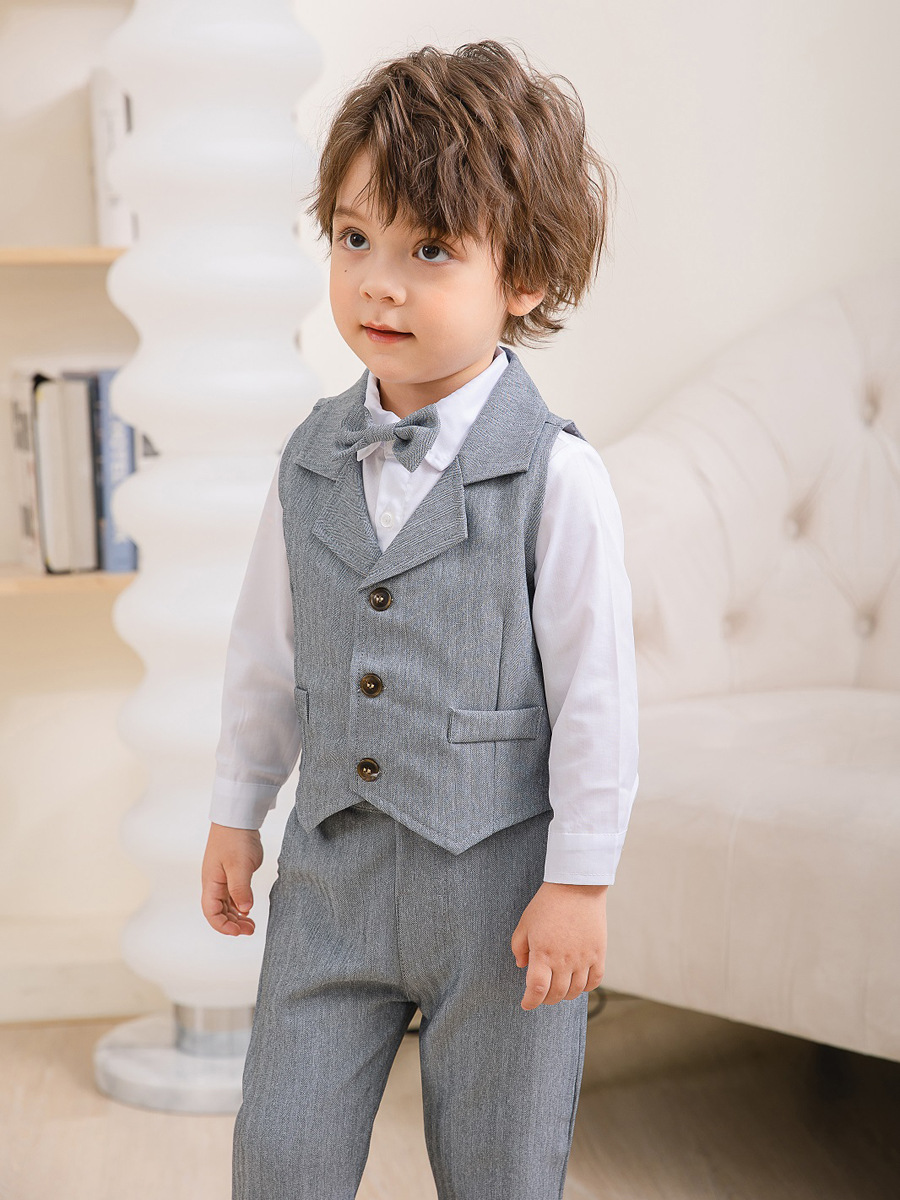 Boys 3-Piece Soft Cotton Suit Set — Shirt, Vest, Pants & Bow Tie