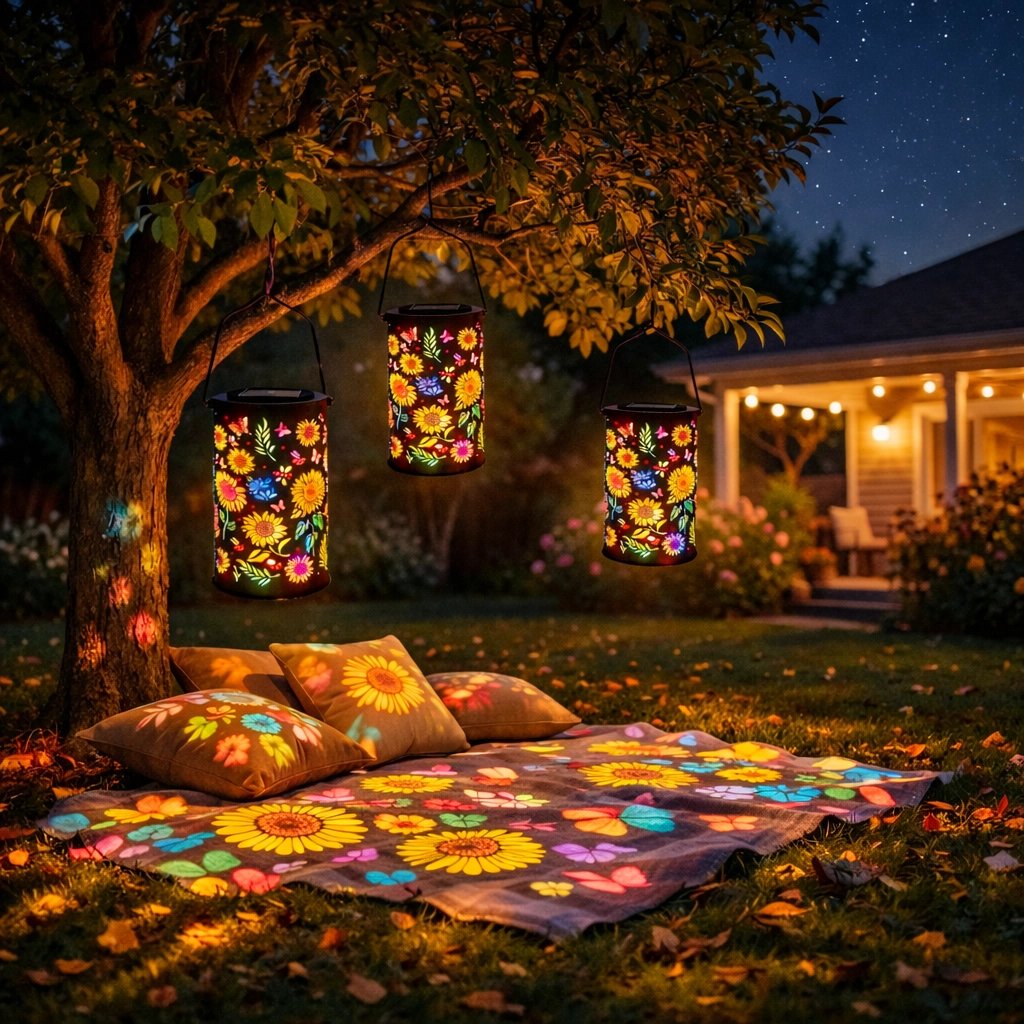 Felinar solar decorativ — lampă reîncărcabilă, cu decupaje florale