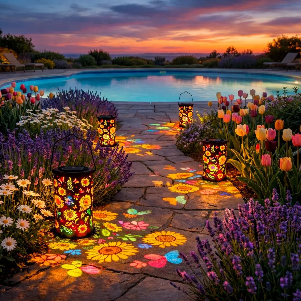 Felinar solar decorativ — lampă reîncărcabilă, cu decupaje florale