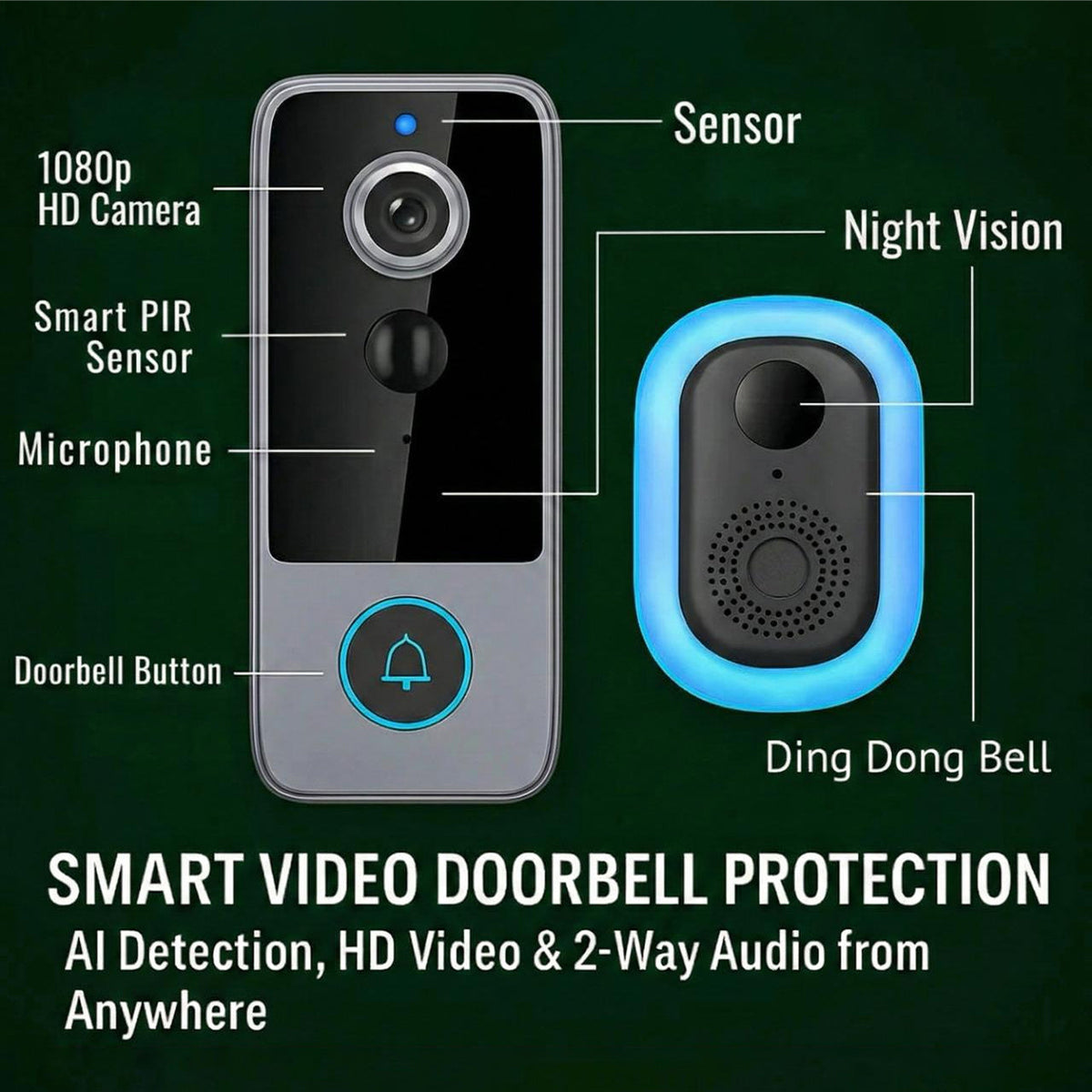 Újratölthető vezeték nélküli videós kapucsengő — HD kamera, mozgásérzékelés és éjjellátás