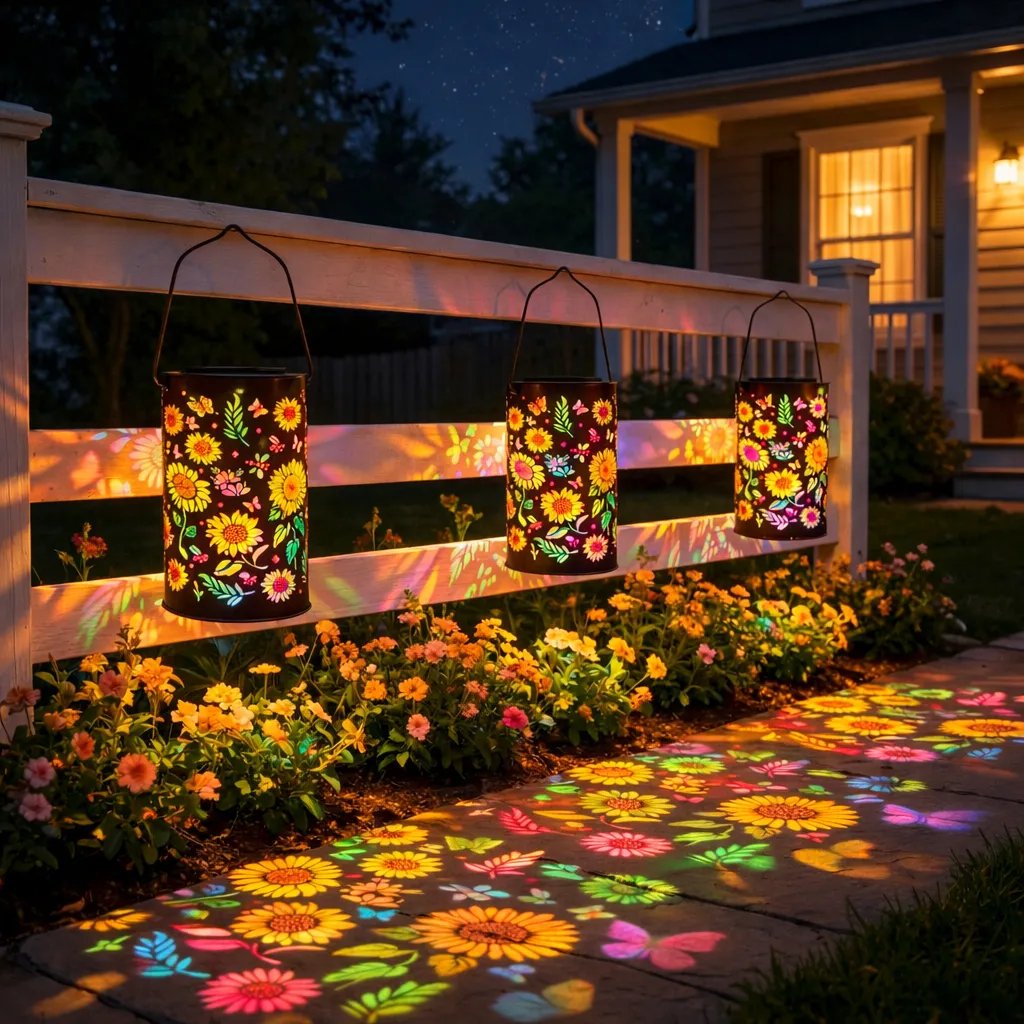 Felinar solar decorativ — lampă reîncărcabilă, cu decupaje florale