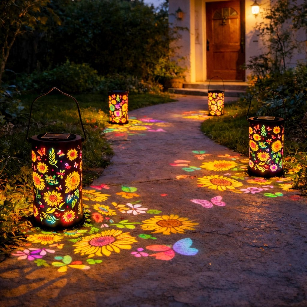 Felinar solar decorativ — lampă reîncărcabilă, cu decupaje florale