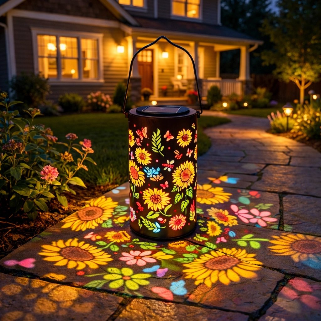 Felinar solar decorativ — lampă reîncărcabilă, cu decupaje florale
