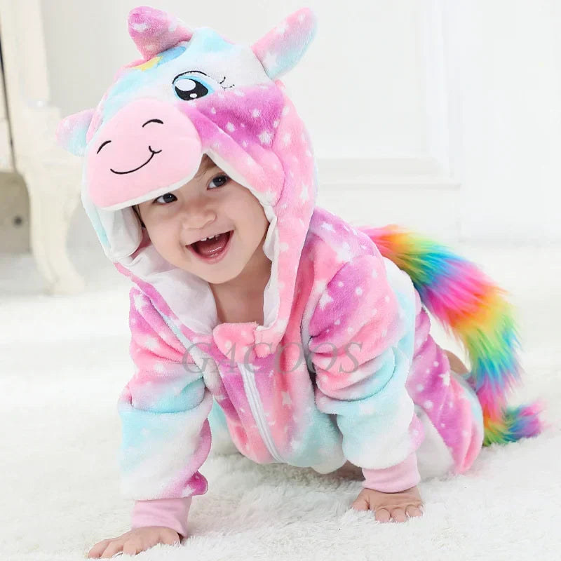 Baby-Schlafanzug mit Reißverschluss und Kapuze, Kostümdesign mit Tierfigur für Jungen und Mädchen | weiche Loungewear aus Baumwoll-Polyester-Mischgewebe, Schlafanzug für Babys 0-