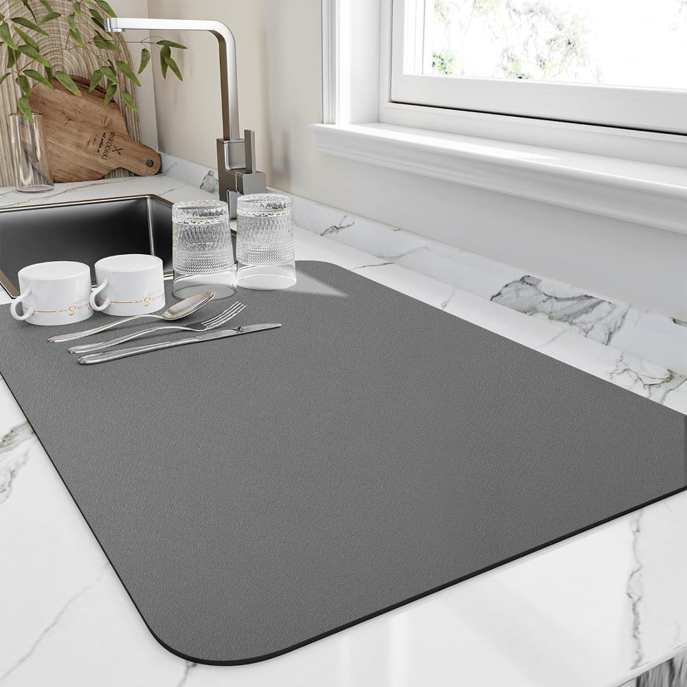 Tapete escorredor de loiça de diatomite cinzento — Superabsorvente, 16x12-Inch