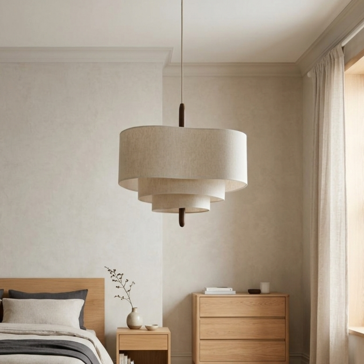 XL pendel med cremefarvet stofskærm i flere lag — Japandi-stil, 58×38 cm