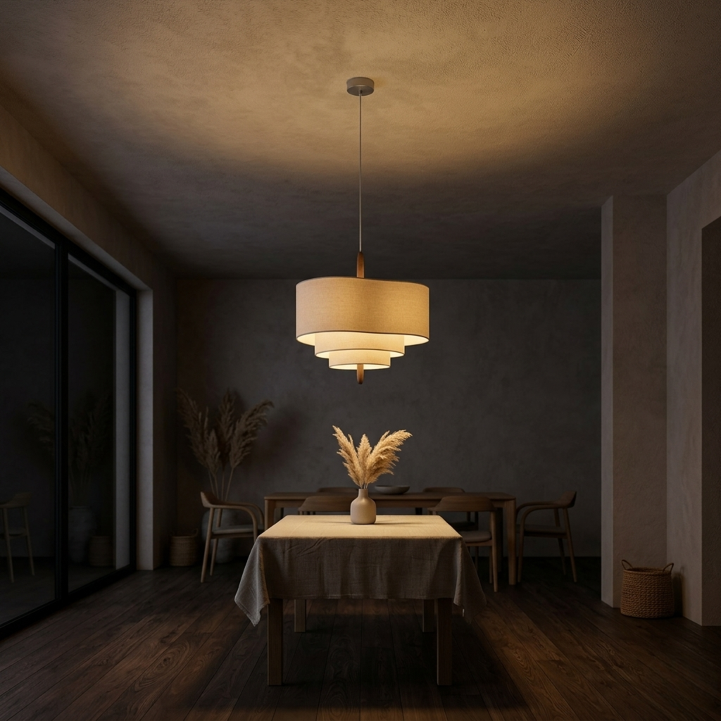 XL pendel med cremefarvet stofskærm i flere lag — Japandi-stil, 58×38 cm