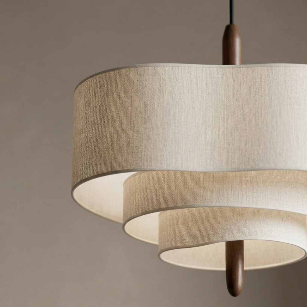 XL pendel med cremefarvet stofskærm i flere lag — Japandi-stil, 58×38 cm