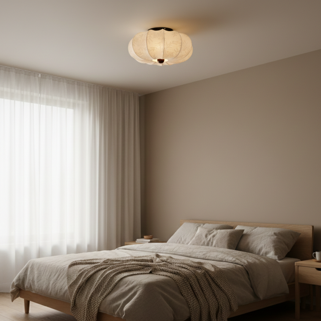 Japandi-loftslampe — silkestof, trædetalje