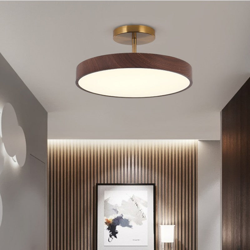 Japandi Round Ceiling Light — Semi Flush Mount, LED Driven, Wood Effect Finish