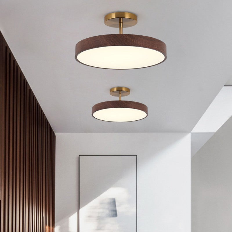 Japandi Round Ceiling Light — Semi Flush Mount, LED Driven, Wood Effect Finish