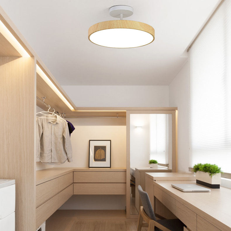 Japandi Round Ceiling Light — Semi Flush Mount, LED Driven, Wood Effect Finish