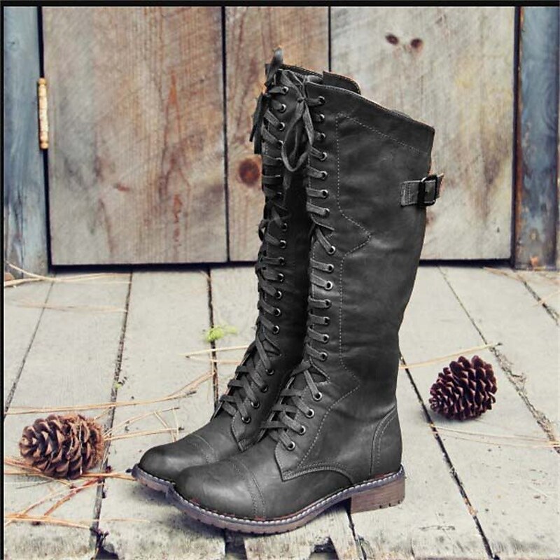 Botas de couro até ao joelho para mulher — atacadores, fecho lateral, ganchos metálicos