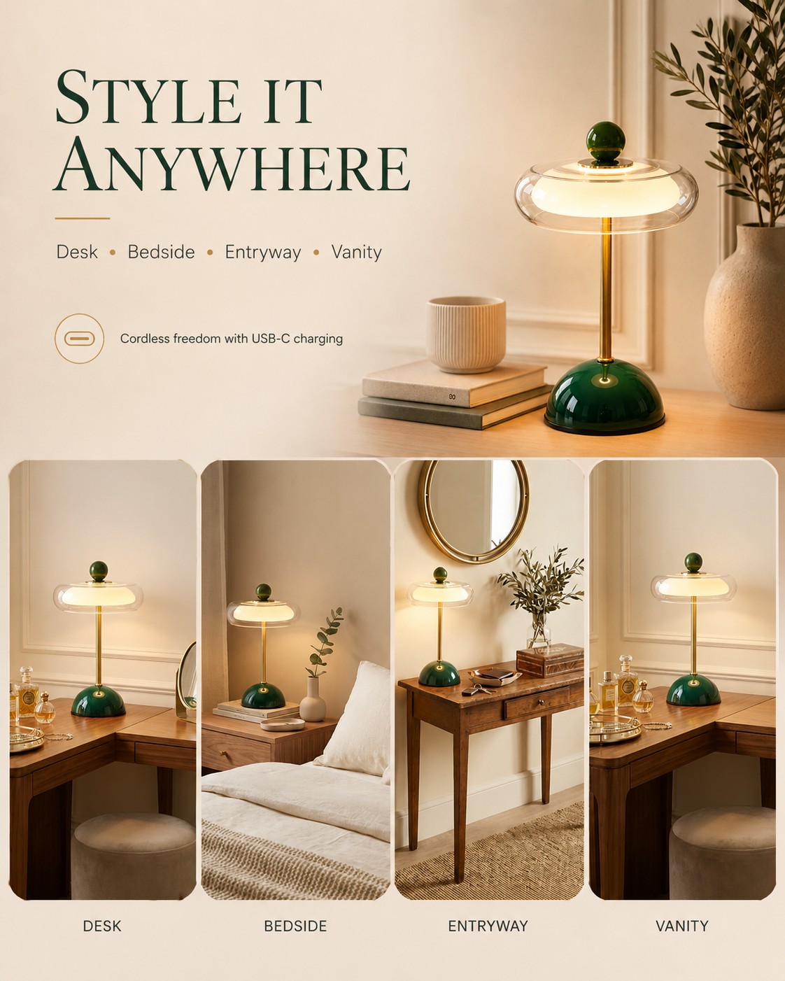 Lampada da scrivania a fungo mid-century — Ricaricabile, regolazione touch, 3 modalità