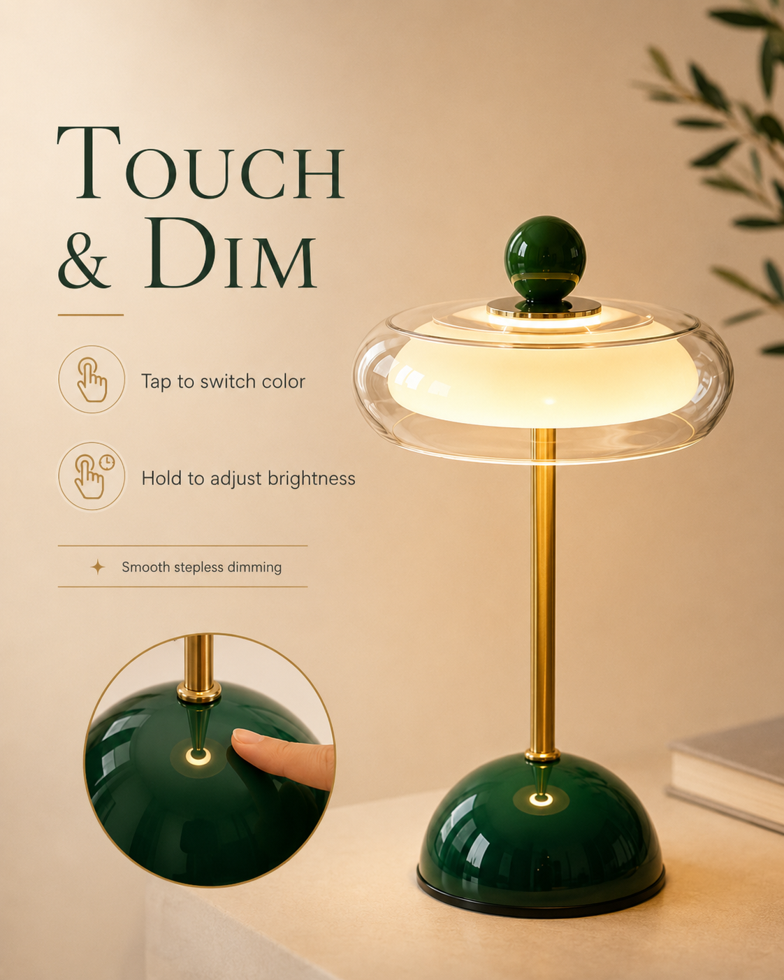 Lampada da scrivania a fungo mid-century — Ricaricabile, regolazione touch, 3 modalità