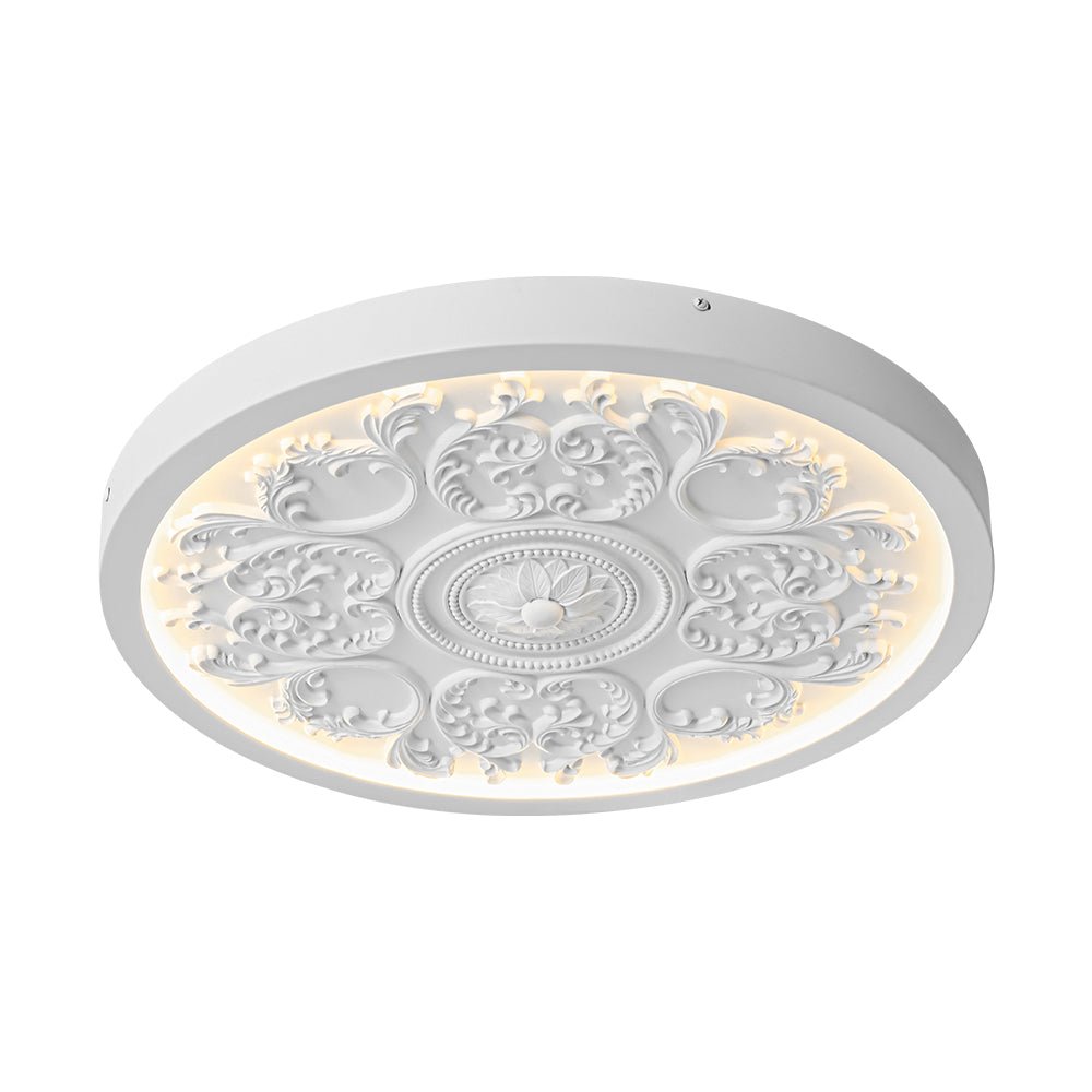 מנורת LED צמודת תקרה עשויה שרף, 19 אינץ׳, עם עיטור מובלט בגימור לבן מט, ניתנת לעמעום, לחדר השינה, לסלון ולמסדרון, 3000K, אור חמים ורך, דקורטיבית, נמוכה