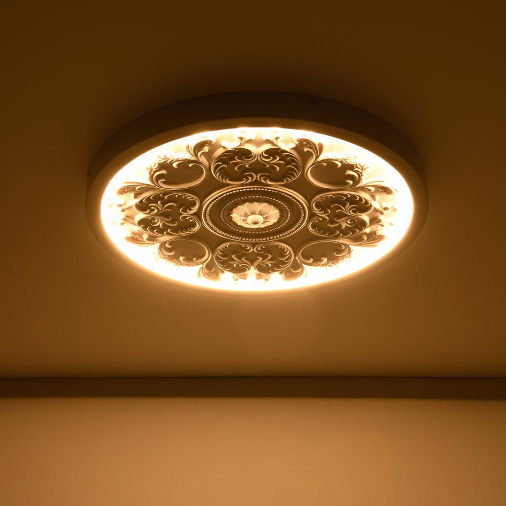 מנורת LED צמודת תקרה עשויה שרף, 19 אינץ׳, עם עיטור מובלט בגימור לבן מט, ניתנת לעמעום, לחדר השינה, לסלון ולמסדרון, 3000K, אור חמים ורך, דקורטיבית, נמוכה
