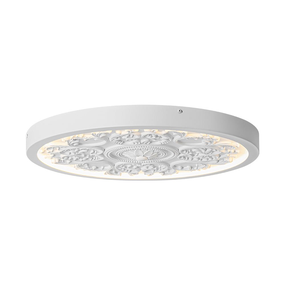 מנורת LED צמודת תקרה עשויה שרף, 19 אינץ׳, עם עיטור מובלט בגימור לבן מט, ניתנת לעמעום, לחדר השינה, לסלון ולמסדרון, 3000K, אור חמים ורך, דקורטיבית, נמוכה