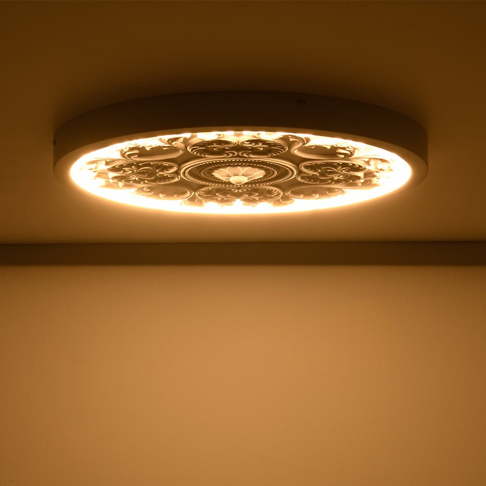 מנורת LED צמודת תקרה עשויה שרף, 19 אינץ׳, עם עיטור מובלט בגימור לבן מט, ניתנת לעמעום, לחדר השינה, לסלון ולמסדרון, 3000K, אור חמים ורך, דקורטיבית, נמוכה