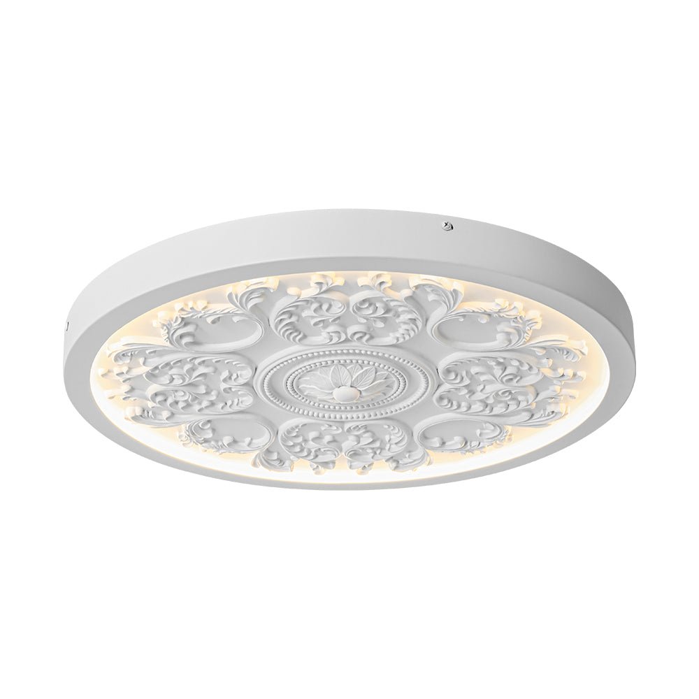 מנורת LED צמודת תקרה עשויה שרף, 19 אינץ׳, עם עיטור מובלט בגימור לבן מט, ניתנת לעמעום, לחדר השינה, לסלון ולמסדרון, 3000K, אור חמים ורך, דקורטיבית, נמוכה