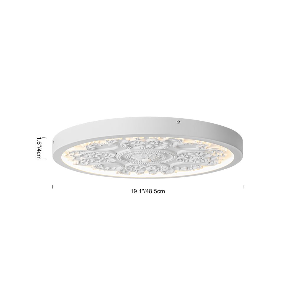 מנורת LED צמודת תקרה עשויה שרף, 19 אינץ׳, עם עיטור מובלט בגימור לבן מט, ניתנת לעמעום, לחדר השינה, לסלון ולמסדרון, 3000K, אור חמים ורך, דקורטיבית, נמוכה