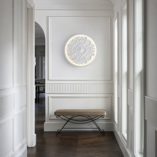 Plafonieră LED din rășină, de 19 inch, cu ornament în relief, alb mat, cu intensitate reglabilă, pentru dormitor, sufragerie sau hol, lumină caldă de 3000K, decorativă, cu profil redus