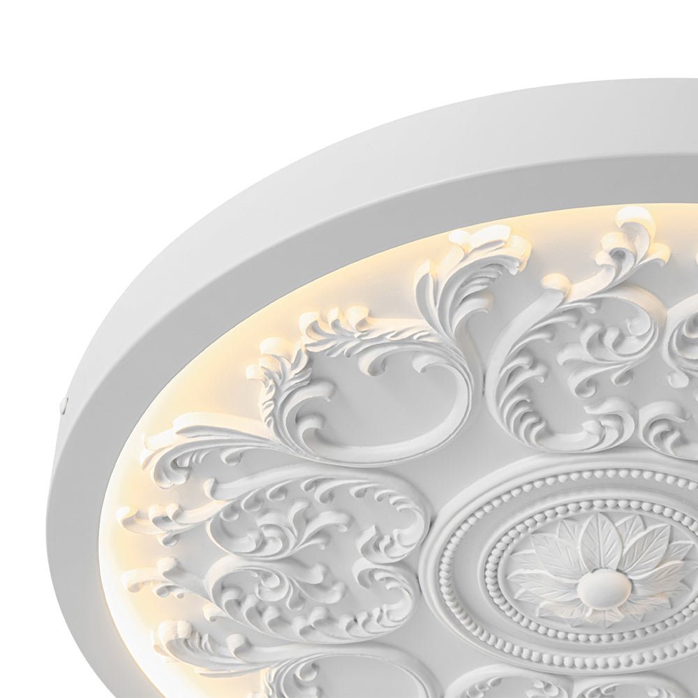 מנורת LED צמודת תקרה עשויה שרף, 19 אינץ׳, עם עיטור מובלט בגימור לבן מט, ניתנת לעמעום, לחדר השינה, לסלון ולמסדרון, 3000K, אור חמים ורך, דקורטיבית, נמוכה