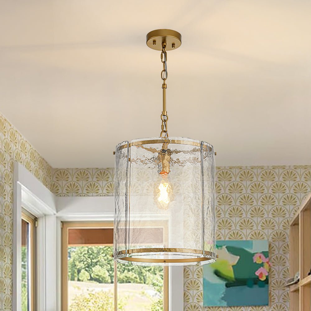 Lámpara colgante de vidrio acanalado con jaula, de 13 in, en latón o níquel, para encimera de cocina y mesa de comedor, con cadena ajustable de 79 in