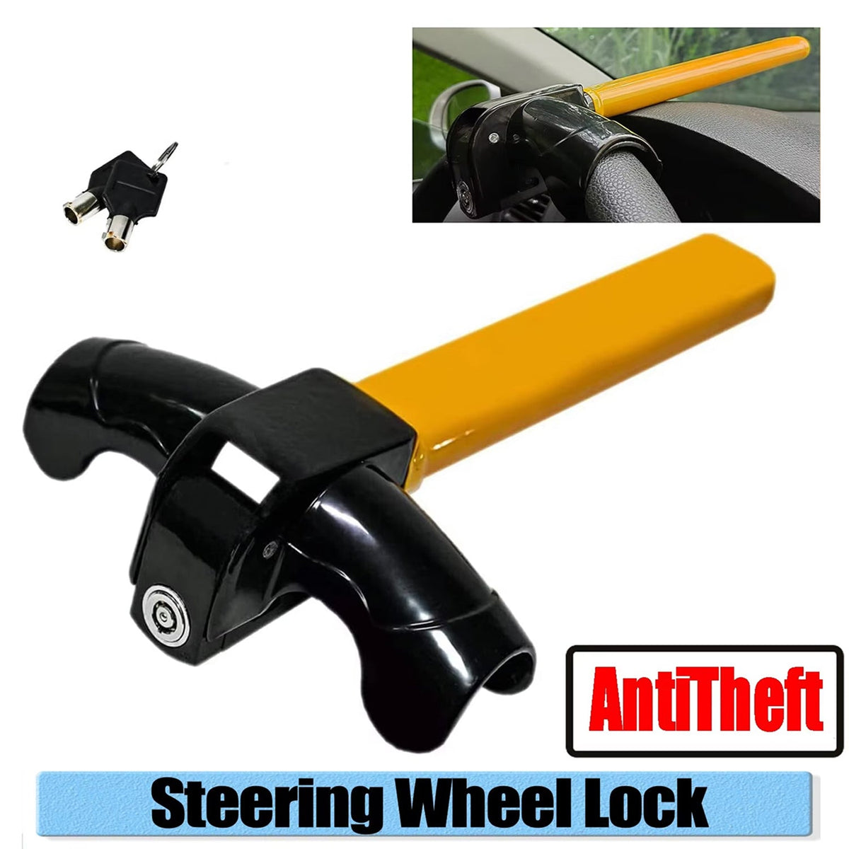 High-Visibility Yellow Iron T-Bar Anti-Theft Steering Lock