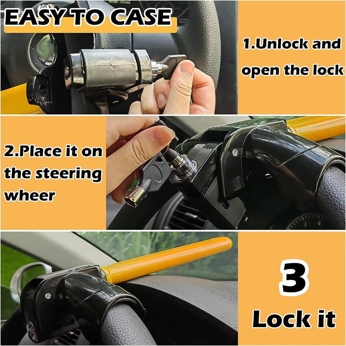 High-Visibility Yellow Iron T-Bar Anti-Theft Steering Lock