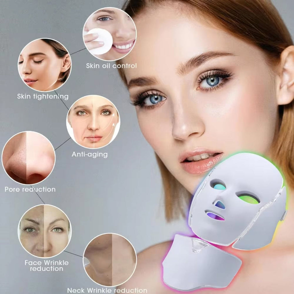 LED-Lichttherapiemaske fürs Gesicht — mehrfarbige Photonen, Anti-Aging, Fernbedienung