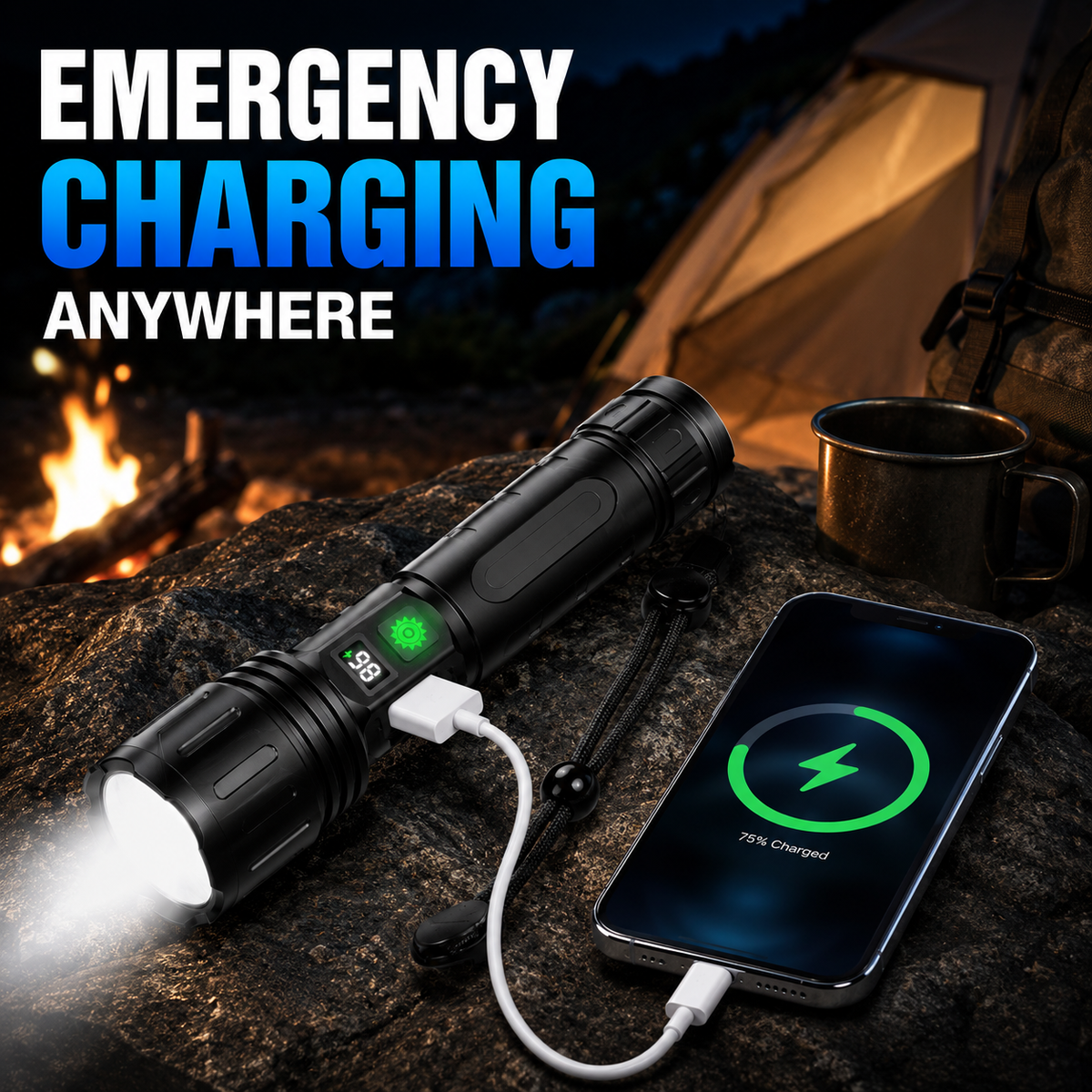 Robust LED-lommelygte med powerbankfunktion, zoomlys med 5 tilstande, genopladeligt batteri på 5000mAh, vandtæt aluminiumskabinet til camping