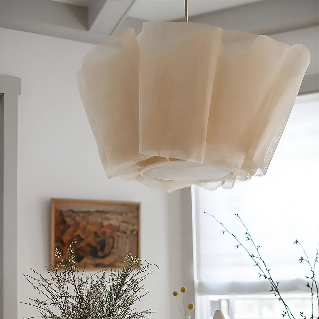 16 in Warm Cream Pleated Fabric Shade Hanging Ceiling Lamp