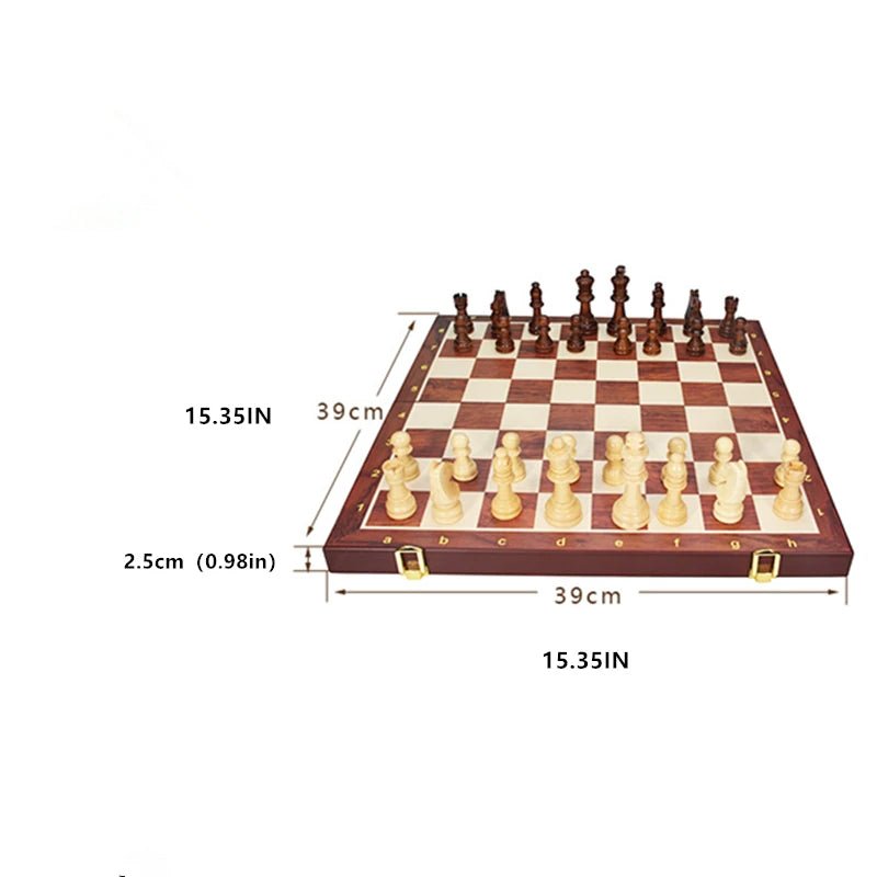 Jeu d’échecs en bois fabriqué à la main — plateau pliable, pièces en bois massif