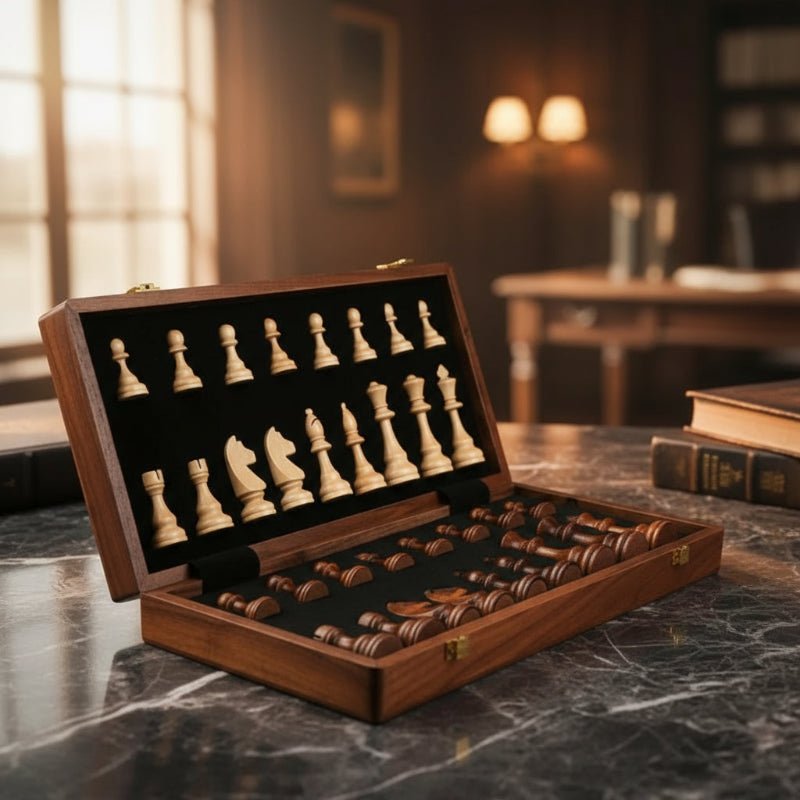 Jeu d’échecs en bois fabriqué à la main — plateau pliable, pièces en bois massif