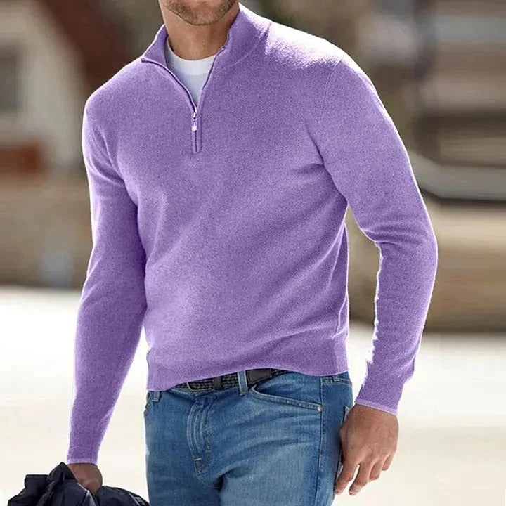 Camisola masculina clássica de caxemira pura, gola redonda e mangas compridas — Corte clássico
