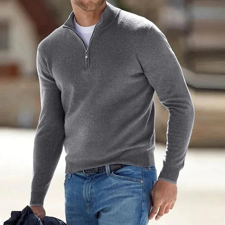 Camisola masculina clássica de caxemira pura, gola redonda e mangas compridas — Corte clássico