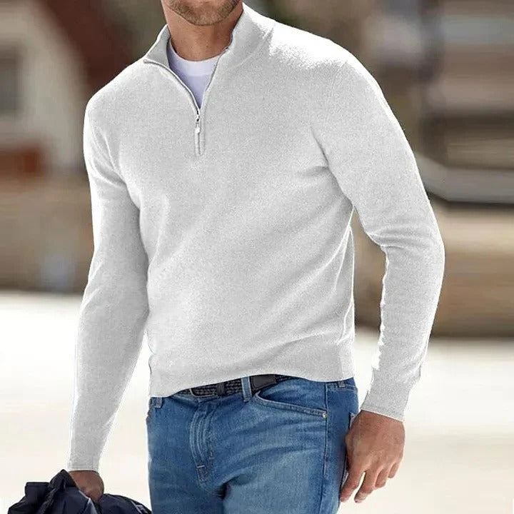 Camisola masculina clássica de caxemira pura, gola redonda e mangas compridas — Corte clássico