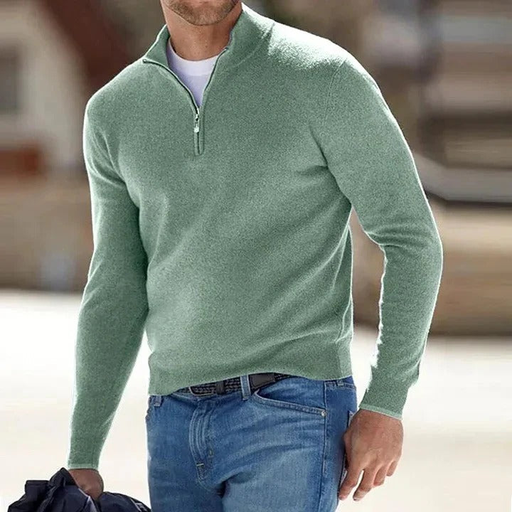 Camisola masculina clássica de caxemira pura, gola redonda e mangas compridas — Corte clássico