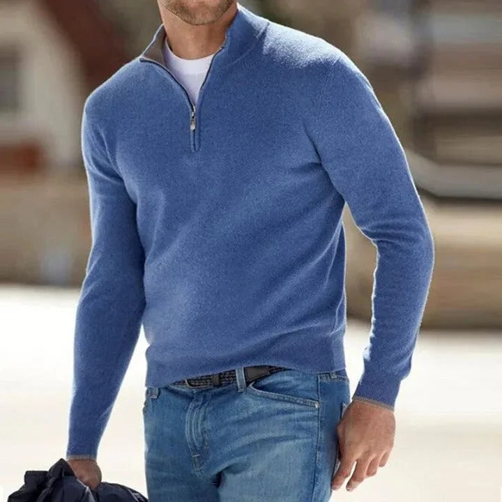 Camisola masculina clássica de caxemira pura, gola redonda e mangas compridas — Corte clássico