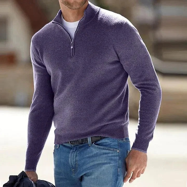 Camisola masculina clássica de caxemira pura, gola redonda e mangas compridas — Corte clássico