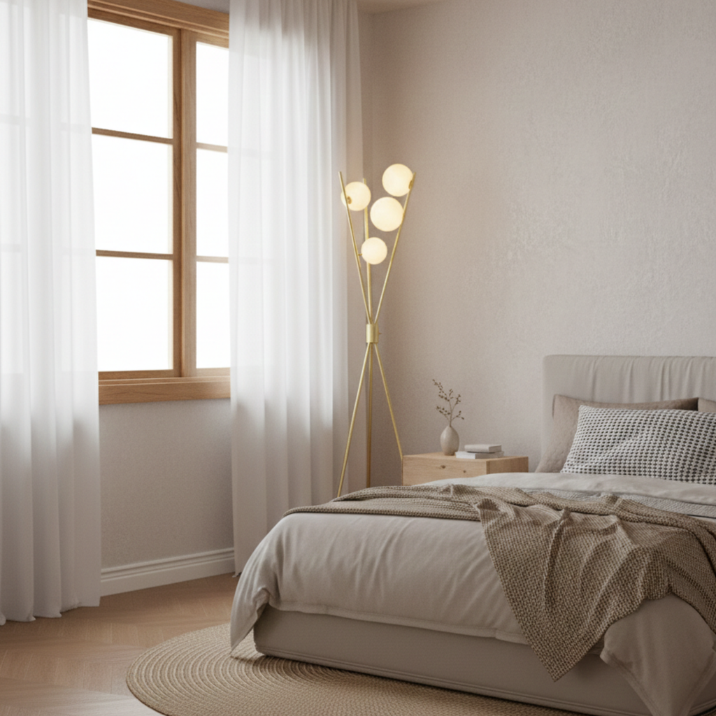 Lampadar tripodal în stil mid-century — Reglabil, cu finisaj auriu-aramă și trei abajururi globulare