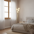 Lampadar tripodal în stil mid-century — Reglabil, cu finisaj auriu-aramă și trei abajururi globulare